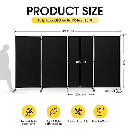 RANTILA 4 Panel Room Divider, 6 Ft Tall Folding Privacy Screen Room Dividers, Freestanding Room Partition Wall Dividers, 136''W x 20''D x 71''H, Black - color: Black, size: 34" - 4 Panel