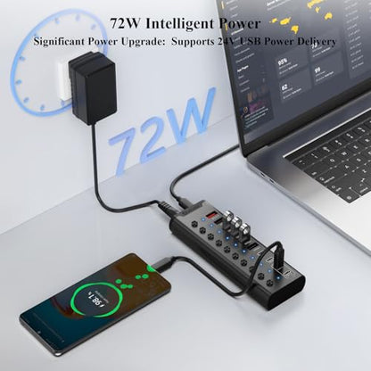 Powered USB Hub, Individual Switches and 24V/3A Power Adapter(Black) - color: Black