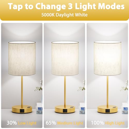 17.6" Gold Touch Lamps for Bedroom Set of 2 - Dimmable, USB C+A, AC Outlet | Large 17.6" Tall Lamp, 3-Way Dimming, 5000K Daylight Bulbs, Cream Lampshade Gold Base, for Living Room, Boys, Men, Girls - color: Gold