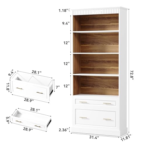 LITTLE TREE 72" Tall White Bookcase, 5-Tier Office Bookself with File Cabinet Drawers,Modern Floor Standing Storage Filing Cabinet Book Shelf for Living Room,Bedroom(2 Piece,White) - color: White