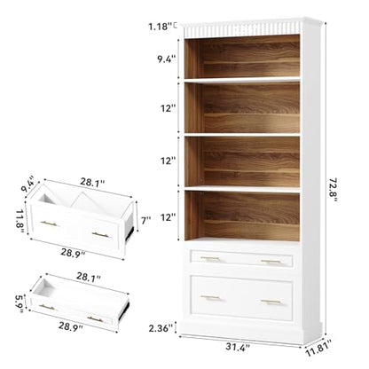 LITTLE TREE 72" Tall White Bookcase, 5-Tier Office Bookself with File Cabinet Drawers,Modern Floor Standing Storage Filing Cabinet Book Shelf for Living Room,Bedroom(2 Piece,White) - color: White
