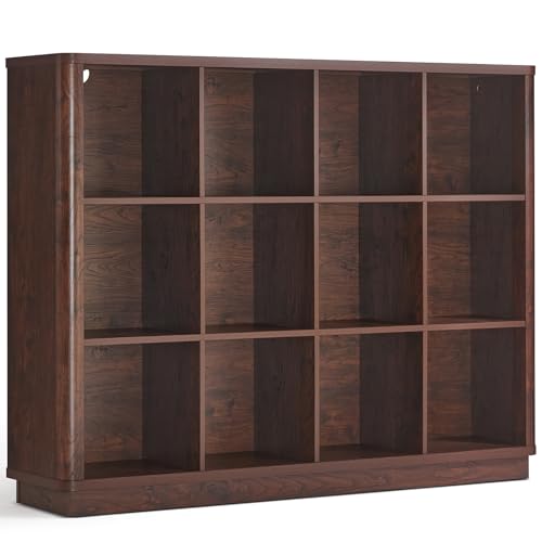 Joaxswe 12 Cube Storage Organizer, 41" Large Bookshelf with Curved Edge, Wood Floor Standing 3-Tier Cubby Bookcase w/Base, Vintage Display Storage Cabinet, Book Case for Living Room, Office, Walnut - color: Walnut, size: 12 Cube (11.81"D x 52.75"W x 41"H)