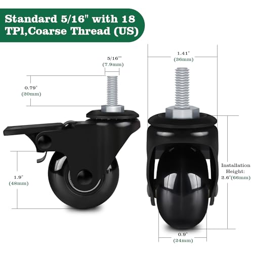 8T8 Replacement Office Chair Wheels 2 inch PU Caster Wheels with Brakes, Set of 5, Heavy Duty Casters with Threaded Stem 5/16"-18x1, Quiet and Smooth Rolling, Safe for Wood Hardwood Floors