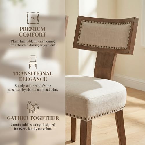 HNY Mid Century Modern Dining Chairs Set of 2, Farmhouse Linen Fabric Upholstered Accent Chairs Curved Nailhead Trim Backrest Kitchen Chairs, with Hardwood Frame, Beige - color: Beige Nailhead