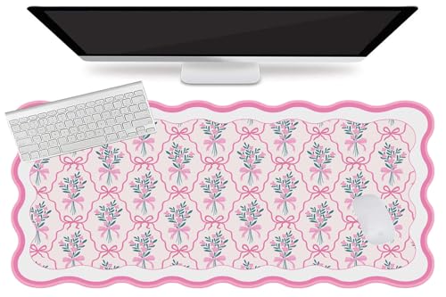L-SPOUTTO Pink Floral Mouse Pad,Cute Scalloped Desk Mat XXL Gaming Mousepad | Girly Bow Large 35.4x15.7in Non-Slip Rubber Base Keyboard Pad Waterproof Desktop Mat for Laptop Computer Game Home Office - color: Flowers with Bow