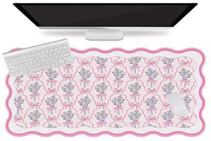 L-SPOUTTO Pink Floral Mouse Pad,Cute Scalloped Desk Mat XXL Gaming Mousepad | Girly Bow Large 35.4x15.7in Non-Slip Rubber Base Keyboard Pad Waterproof Desktop Mat for Laptop Computer Game Home Office - color: Flowers with Bow