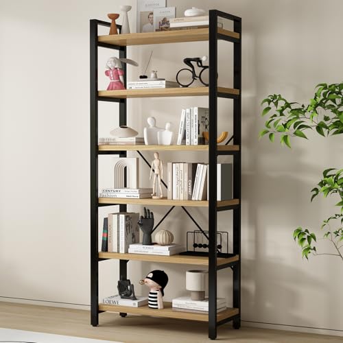 Real Solid Wood Rustic Vintage Industrial Etagere Bookshelf, Metal & Timber Free Vintage Bookcase, Retro Brown (Genuine Timber) (6-Tiers-Natural Finish) - size: 6-Tiers-Natural finish