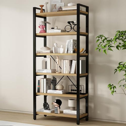 Real Solid Wood Rustic Vintage Industrial Etagere Bookshelf, Metal & Timber Free Vintage Bookcase, Retro Brown (Genuine Timber) (6-Tiers-Natural Finish) - size: 6-Tiers-Natural finish