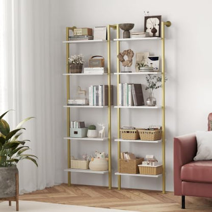 5-Tier Bookshelf,Solid Wood Narrow Bookcase Set of 2,Wall Mount Ladder Shelf,Wooden Storage Shelves for Bedroom,Home Office,Living Room,White and Gold - color: Solid Wood White+gold-2pcs
