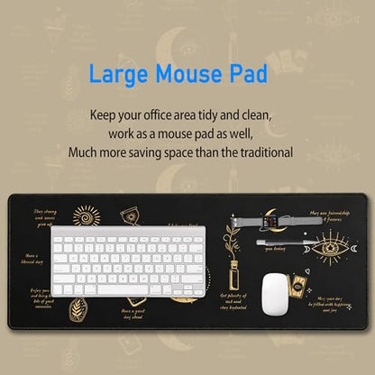 Mystical Witchy Desk Mat,Black Motivational Mouse Pad,31.5 x 12 in | Large Gold All-Seeing Eye Gaming Mousepad,Extended Inspirational Celestial Computer Keyboard Pad for Men Women,80x30cm - color: Moon Sun Eye