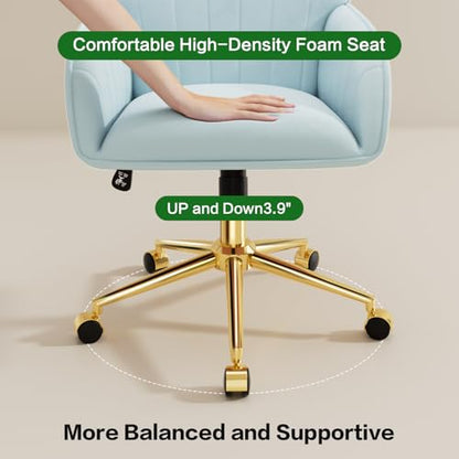 Home Office Desk Chair Comfy with Adjustable Swivel Wheels, Modern Velvet Makeup Vanity Chair with Back & Pillow, Ergonomic Office Chair Computer Task Chair for Living Room, Bedroom, Blue - color: Blue