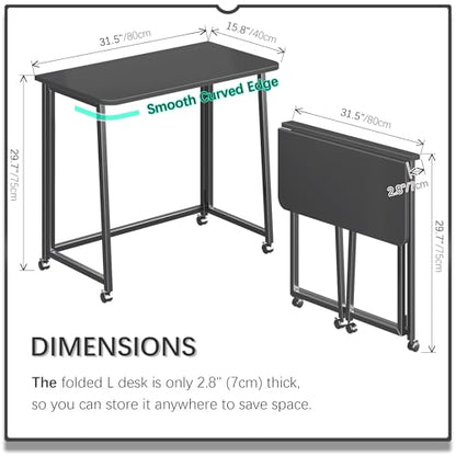 4NM 31.5" Mobile Small Folding Desk, Foldable Rolling Computer Home Office Desk, Study Writing Table for Small Space Saving Bedroom, with Wheels - All Black - color: All Black, size: 31.5"W x 15.7"D
