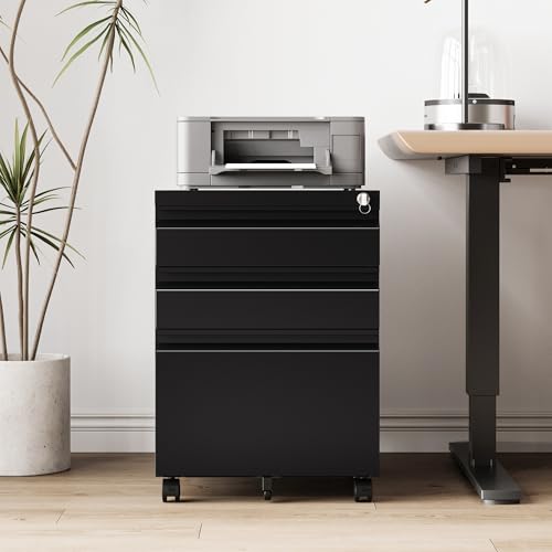 RAVIGIN 3 Drawer File Cabinet，Mobile Filing Cabinet with Lock and Wheels，Un-Assembled Metal Under Desk File Cabinets for A4/Letter/Legal Size（Black - color: Black, style: 3 Drawer-Un-Assembled