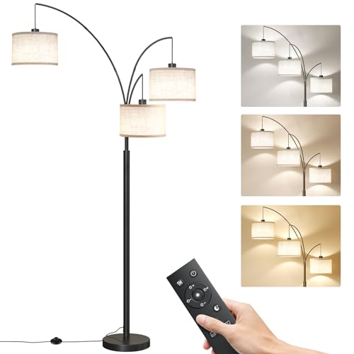 SUNMORY 3 Lights Floor Lamp with Remote Control and 3 Stepless Dimmable Bulbs, 78" Tall Standing Lamp with Hanging Drum Shade & Heavy Base, Modern Arc Floor Lamps for Living Room, Bedroom, Office | 3 Stepless Dimmable Bulbs, Hanging Drum Linen Shade & Hea