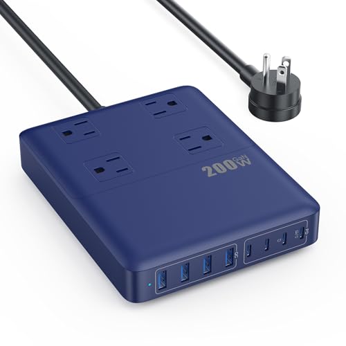 200W Charging Station,12-in-1 USB C Power Strip with Flat Plug and 5ft Extension Cord,4 AC Outlets,4 USB-A,4 USB-C Ports for iPhone 17/16/15,65W PD Fast Laptop Charger for MacBook,Home,Office (Blue) - color: Blue