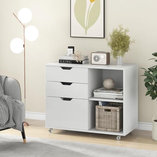 LOKO Mobile 3-Drawer File Cabinet, Rolling Lateral Filing Cabinet (White) - color: White