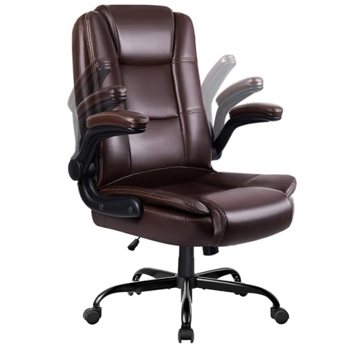 LEMBERI Flip-up Arms Office Desk Chair Big and Tall Managerial Executive Chair, High Back Computer Chair Ergonomic Adjustable Height PU Leather Chairs with Armrest for Long Time Sitting - color: New Brown