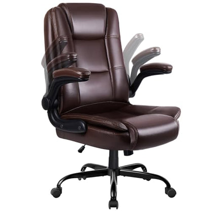 LEMBERI Flip-up Arms Office Desk Chair Big and Tall Managerial Executive Chair, High Back Computer Chair Ergonomic Adjustable Height PU Leather Chairs with Armrest for Long Time Sitting - color: New Brown