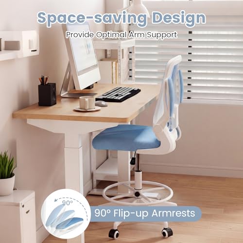 COSTWAY Drafting Chair with Flip-up Armrests & Adjustable Foot Ring, 1 Pack - color: Blue