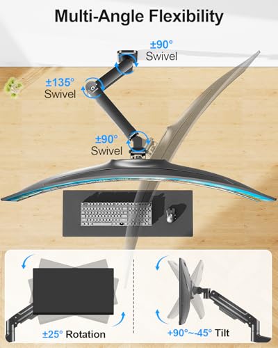 Monitor Wall Mount fits 22"-49" Ultrawide Flat & Curved Screens, Heavy Duty Single Monitor Wall Arm Holds 2.2 to 44 lbs, Full Motion Adjustable Wall Bracket, VESA Mount 75x75mm/100x100mm