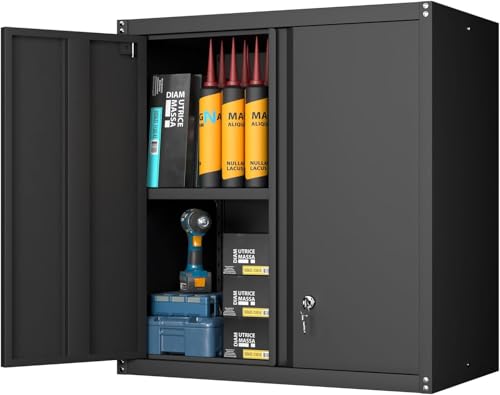 GREATMEET Locking Metal Wall Cabinets for Garage, Garage Cabinets Wall Mount, Steel Floating Hanging Storage Cabinet with Doors and Adjustable Shelf for Utility Room - color: Black, size: 28"H