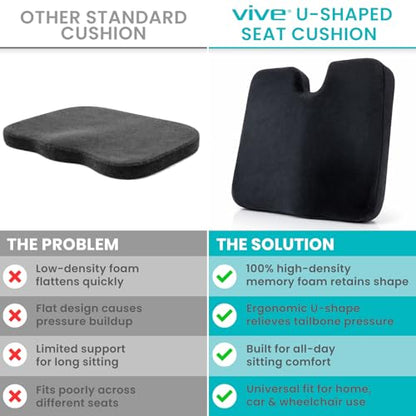 Vive Memory Foam Seat Cushion – Tailbone Pain Relief, Sciatica, Coccyx