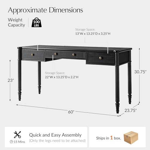 HULALA HOME 60 Inches Fluted Writing Desk with Charging Station, Black - color: Black