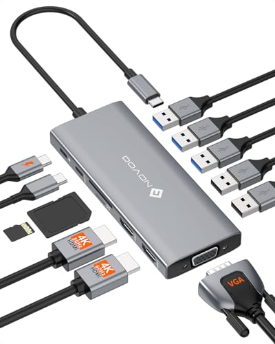 NOVOO 12 in 1 Docking Station Dual Monitor with 2 HDMI, VGA | Latptop Docking Station with 5 USB Ports, 100W PD, USB-C Data, SD/TF Card Reader, Compatible with MacBook/Dell/HP/Surface - style: 12-in-1