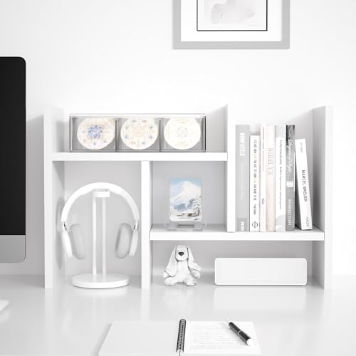 Jerry & Maggie Desktop Organizer Office Storage Rack Adjustable Wood Display Shelf Free Style Double H, Multi-Functional Mini Bookshelf for Desk Natural Stand (White) - color: White
