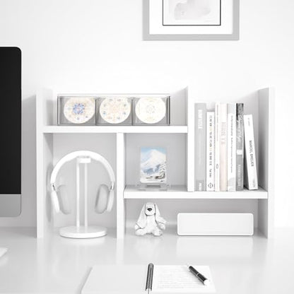 Jerry & Maggie Desktop Organizer Office Storage Rack Adjustable Wood Display Shelf Free Style Double H, Multi-Functional Mini Bookshelf for Desk Natural Stand (White) - color: White