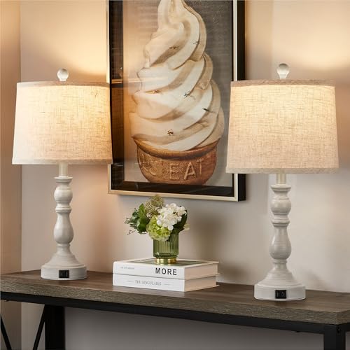 23'' Table Lamps Set of 2, Lamps for Bedroom, USB C+A Ports, Beige - color: D.Beige, Grey