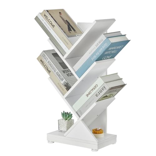 ruboka 5 Tier Tree Bookshelf, Small Bookcase 11.8"*7.4"*24" (White) | Retro Narrow Bookshelves for CDs/Magazines, Book Shelf for Bedroom, Living Room, Office, Balcony, Study Room - color: White, size: 5 Tier