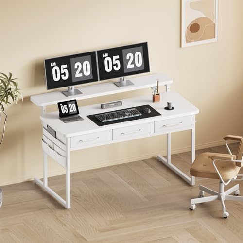 Maihail Computer Desk with Drawers, 47.2X15.8-22.9 Inches Office Computer Desk with Side Pocket & Ergonomic Monitor Stand, Writing Table for Small Spaces, Bedroom, White