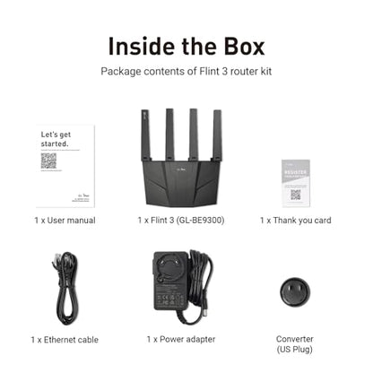 GL.iNet GL-BE9300 Flint 3 Tri-Band Wi-Fi 7 Router 5 x 2.5G VPN Router | Tri-Band Wi-Fi 7 with 6GHz, 9 Gbps wireless speed for smooth 8K streaming, low-latency gaming, and video calls