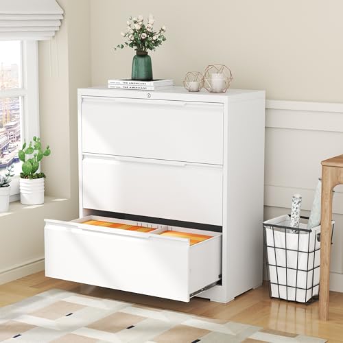 3 Drawer Metal Lateral File Cabinet with Lock for Home Office | 35.5 Inch Ultra Spacious Tabletop,330 LBS Max Weight Capacity,Fits Letter/Legal/F4/A4 Size,Fast Easy Assemble,White - color: White, size: 15.7"D x 35.4"W x 40"H（3 Drawers）
