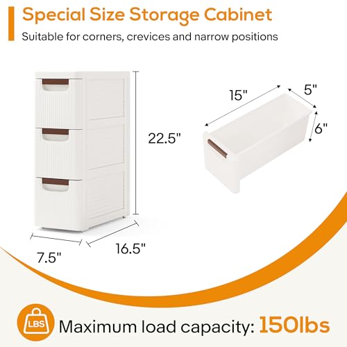 3 Drawers Slim Bathroom Storage Cabinet Dresser, Narrow Plastic Rolling Cart Organizer with Drawers, for Small Spaces, Kitchen, Laundry, Office, Bedroom, White - size: 7.5"x16.5"xx22.2"(3-Drawer)