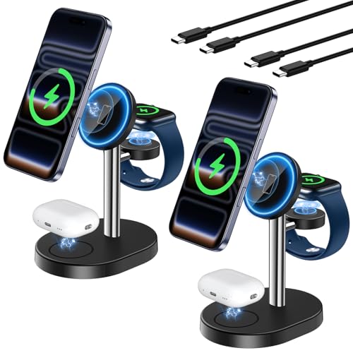 2 Pack Hevanto 2026 3 in 1 Wireless Charging Station for Apple MagSafe Charger, 15W Fast Magnetic Mag-Safe Charger Stand for iPhone 17 16 15 14 13 12 iWatch AirPods (Adaptor Not Included),SilverBlack - color: 2Pack_MagSilver&Black, size: 15W