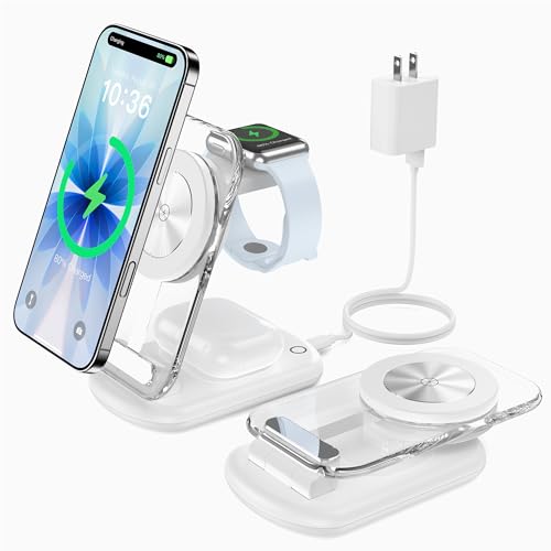 Mukiya 3 in 1 Magnetic Wireless Charging Station for Apple Devices | Fast Travel Charger Stand with Night Light for MagSafe-enabled iPhone 17 16 15 14 13 12 Series, Apple Watch/AirPods Pro, WH - color: White
