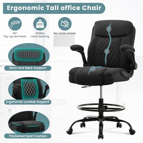 MAHOMICO Drafting Chair for Standing Desk – Tall Office Chair with Adjustable Height & Foot Ring, Flip-Up Arms, Lumbar Support – Comfortable Fabric Seat, Ideal Home Desk Chair - color: Black