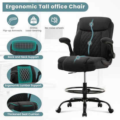 MAHOMICO Drafting Chair for Standing Desk – Tall Office Chair with Adjustable Height & Foot Ring, Flip-Up Arms, Lumbar Support – Comfortable Fabric Seat, Ideal Home Desk Chair - color: Black
