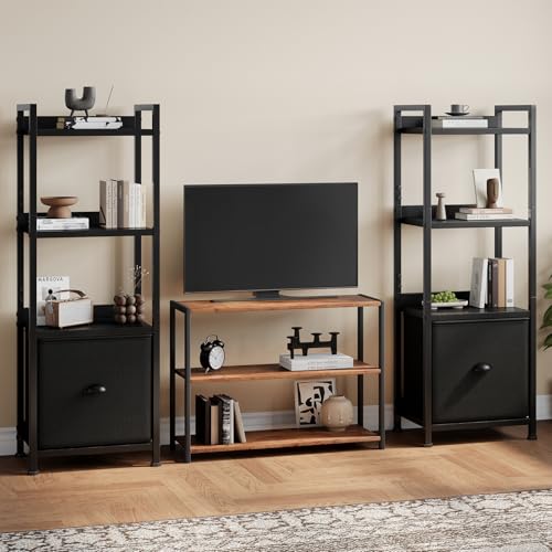 DUMOS 4 Tier Bookshelf with Fabric Drawer, Display Standing Shelf, Black - color: Modern Black, size: 4 Shelf with Fabric Drawer