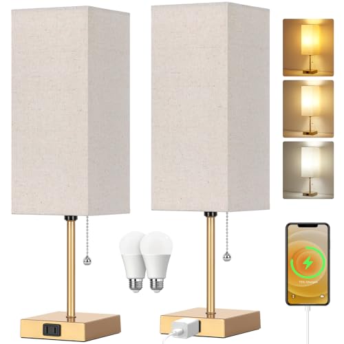 Table Lamp for Bedroom set of 2,3-Color Bedside Lamps with Pull Chain - color: Gold+linen, size: 18inch