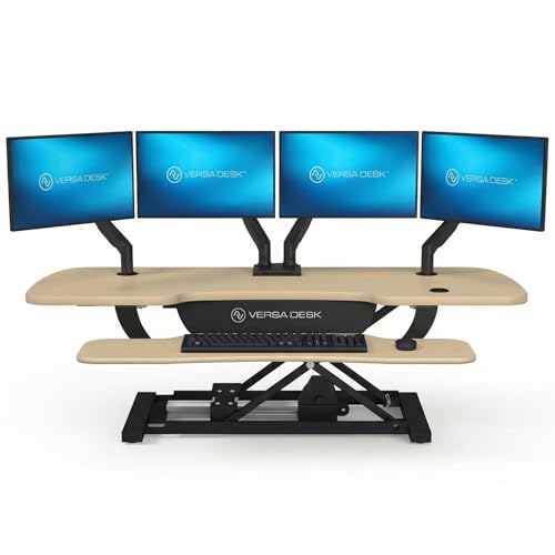 VERSADESK PowerPro 48 Inch Electric Standing Desk Converter – Push-Button Height Adjustable Sit to Stand Desk Riser for Multiple Monitors – Motorized Desktop Workstation with Wide Keyboard Tray - color: Maple, size: 48" Wide