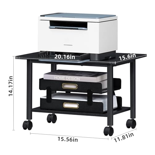 Lerliuo Under Desk Printer Stand, 2-Tier Industrial Mobile Printer Table with Storage Shelf and Steel Frame, Rolling Printer Cart Holder with Lockable Wheels for Home, Office (Black) | Black Small Mobile Printer Cart Desk for Home Office, Lockable Wheels,