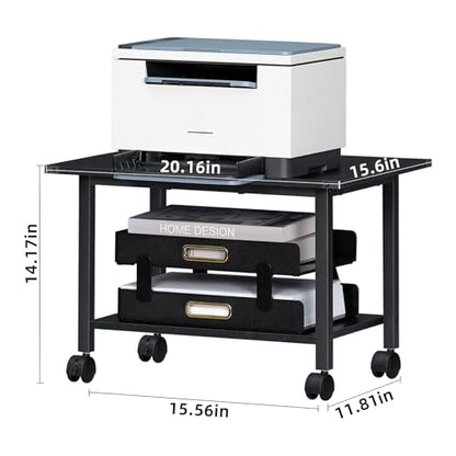 Lerliuo Under Desk Printer Stand, 2-Tier Industrial Mobile Printer Table with Storage Shelf and Steel Frame, Rolling Printer Cart Holder with Lockable Wheels for Home, Office (Black) | Black Small Mobile Printer Cart Desk for Home Office, Lockable Wheels,
