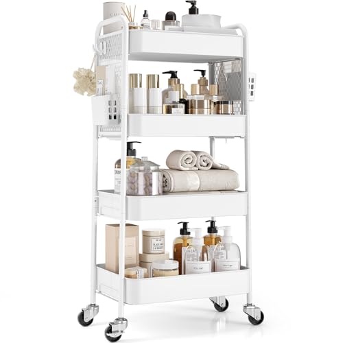 TOOLF 4 Tier Rolling Cart, Metal Utility Storage Cart with Pegboard, White | 2 Bins & 4 Hooks, Screwless Assembly, Lockable Wheels, Trolley Organizer for Bathroom, Kitchen, Office, Dorm, Craft Room - color: White, size: 4-Tier