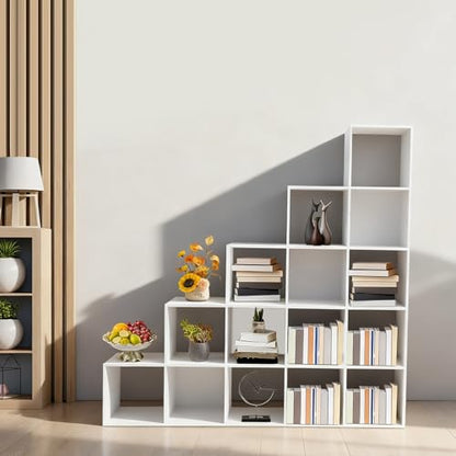 5-Tier Stepped Bookshelf, 15 Cube Storage Organizer, Freestanding Ladder Bookcase, L-Shaped Corner Shelf, Room Divider Shelf, 57.5" Tall Modern Display Shelf for Home Office Living Room - size: 15 Cubes/L-Shaped