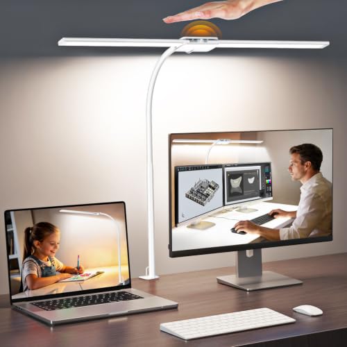 Syrinx LED Desk Lamp, Dual Head Desk Light with Clamp, Eye-Care Table Lamp | Flexible Gooseneck Task Light with Motion Sensor, Wired Control, 50 Lighting Modes, Timer & Memory Function for Home Office - color: White