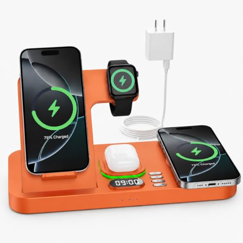 Dual Phone Foldable Wireless Charging Station for Apple Devices | Only for Apple Watch Charging, Cyclic Ambient Light, Digital Clock Display, Magnetic Wireless Charging for Phone, Portable - color: Orange