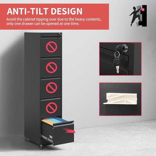 IKIMI 5 Drawer Mobile File Cabinet with Lock,Black Metal Filing Cabinets - color: Black, size: 5 Drawers with Wheels